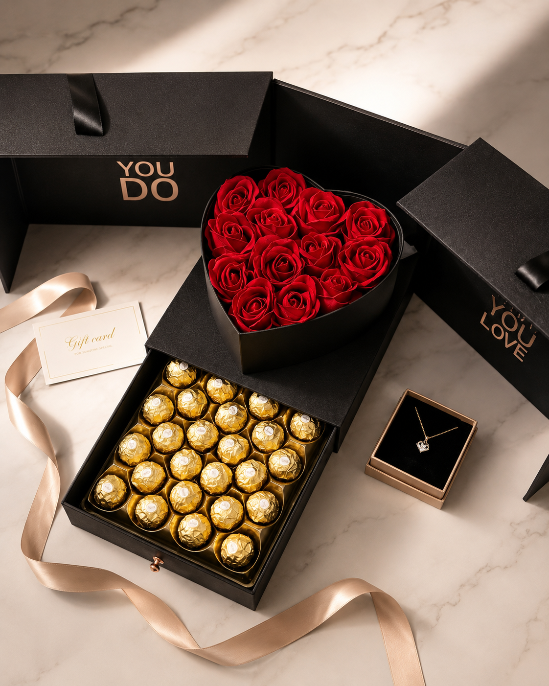 The Amour Box- Heart Flower Box with Drawer โ Eternal Faux Roses & Ferrero Rocher