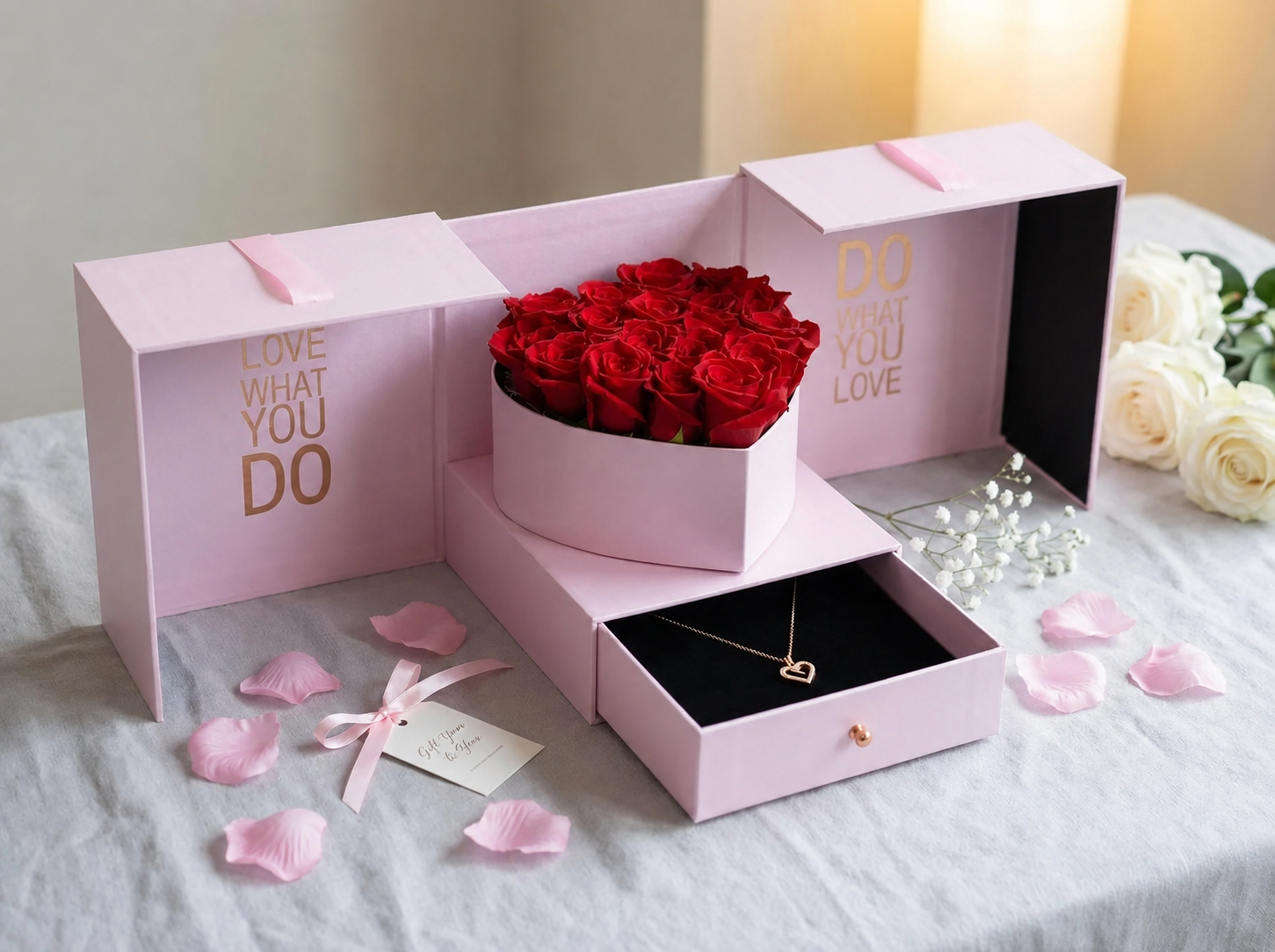 The Amour Box- Heart Flower Box with Drawer – Eternal Faux Roses & Ferrero Rocher