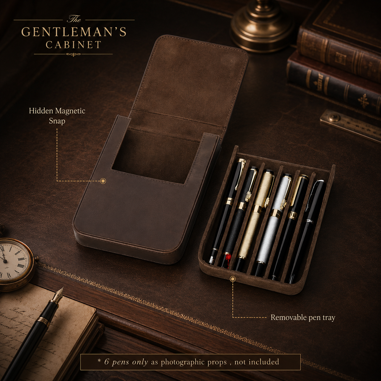 Hard-Shell Crazy Horse Leather Pen Vault | 6-Slot Fountain Pen Case | Luxury Velvet-Lined Organizer | Vintage Tobacco Brown