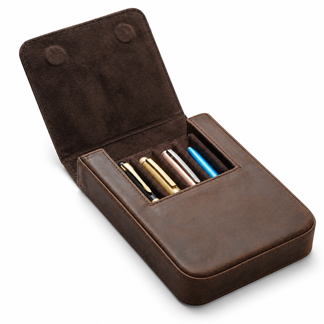 Hard-Shell Crazy Horse Leather Pen Vault | 6-Slot Fountain Pen Case | Luxury Velvet-Lined Organizer | Vintage Tobacco Brown