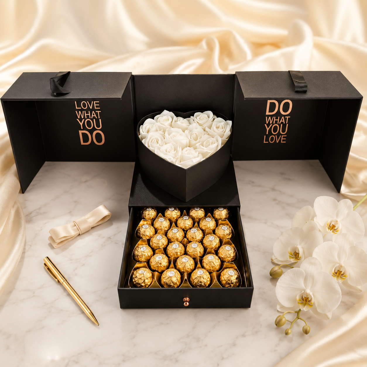 The Amour Box- Heart Flower Box with Drawer – Eternal Faux Roses & Ferrero Rocher