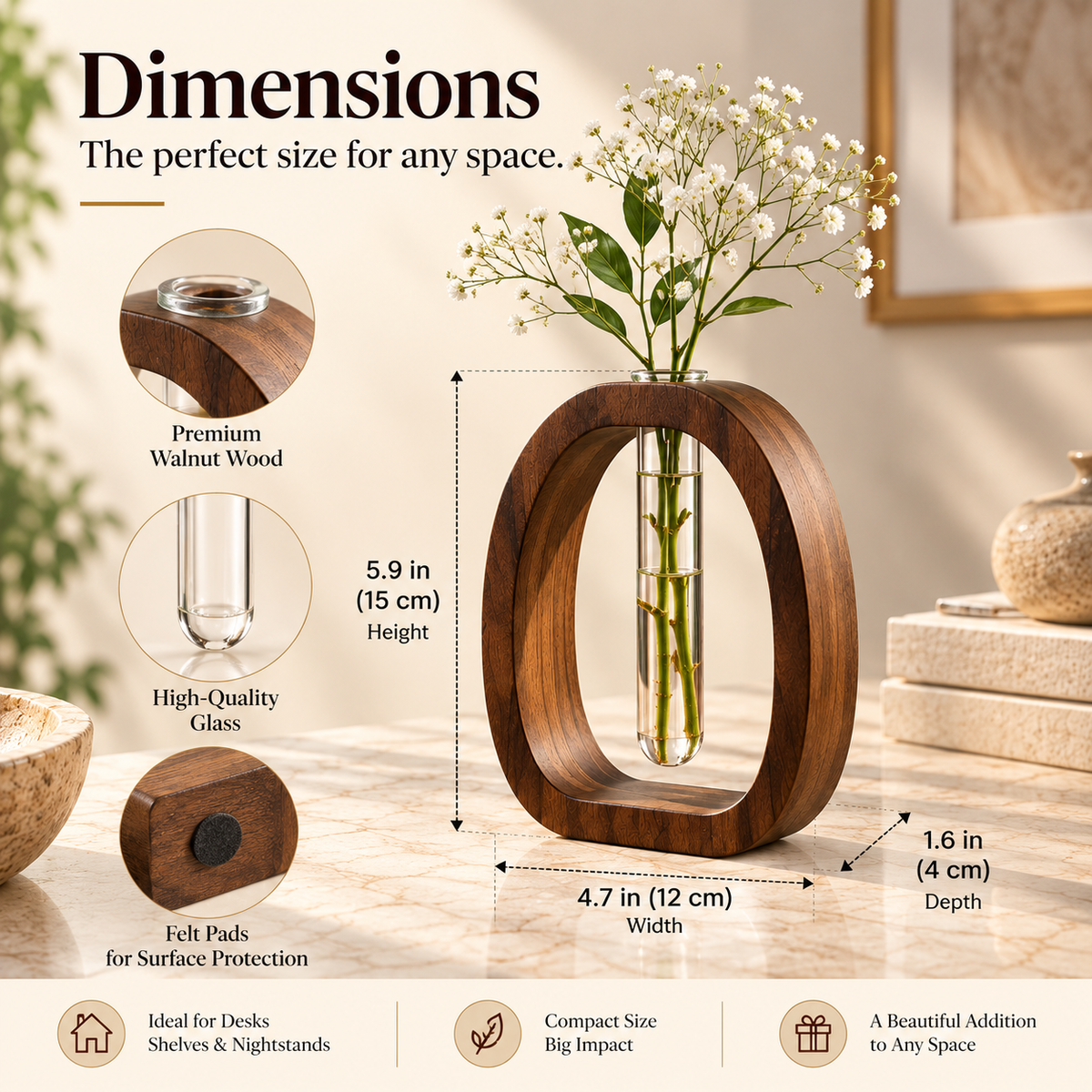 Walnut Wood Tube Vase – Minimalist Desk Decor