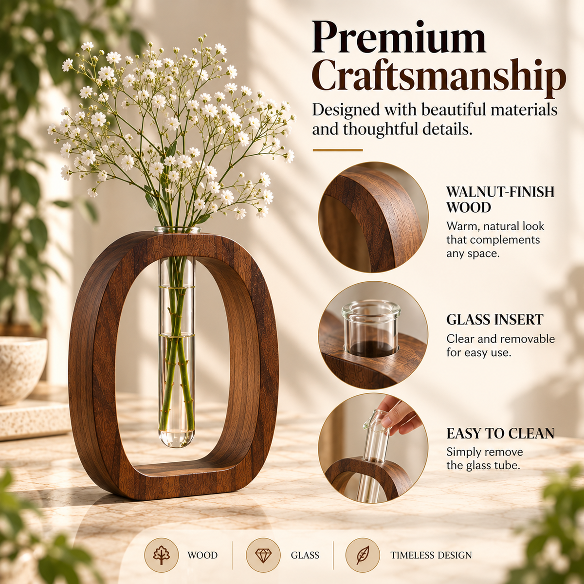Walnut Wood Tube Vase – Minimalist Desk Decor
