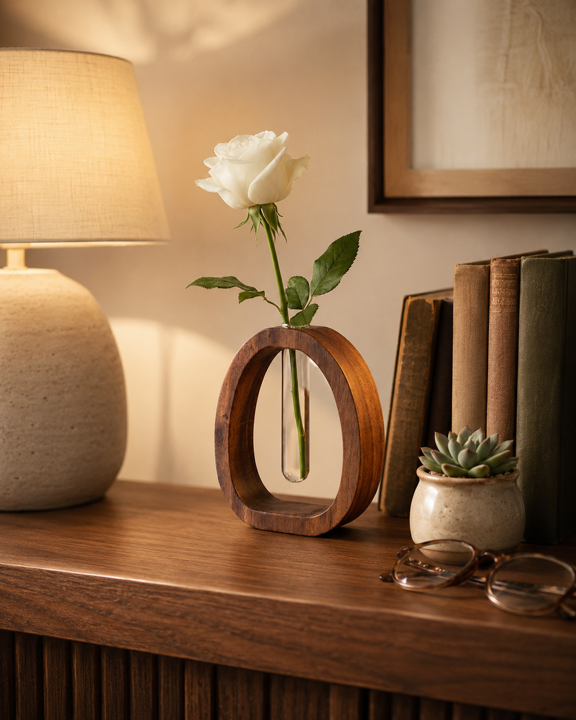 Premium Walnut Wood Tube Vase | Mid-Century Modern Desk Decor | Minimalist Decorative Display