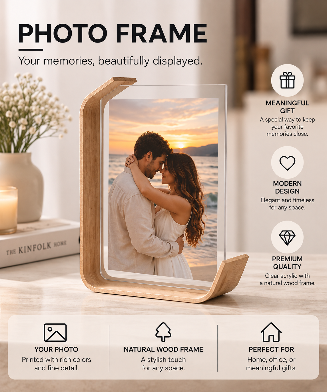 Acrylic & Wood L-Shape Picture Frame – Double-Sided Display