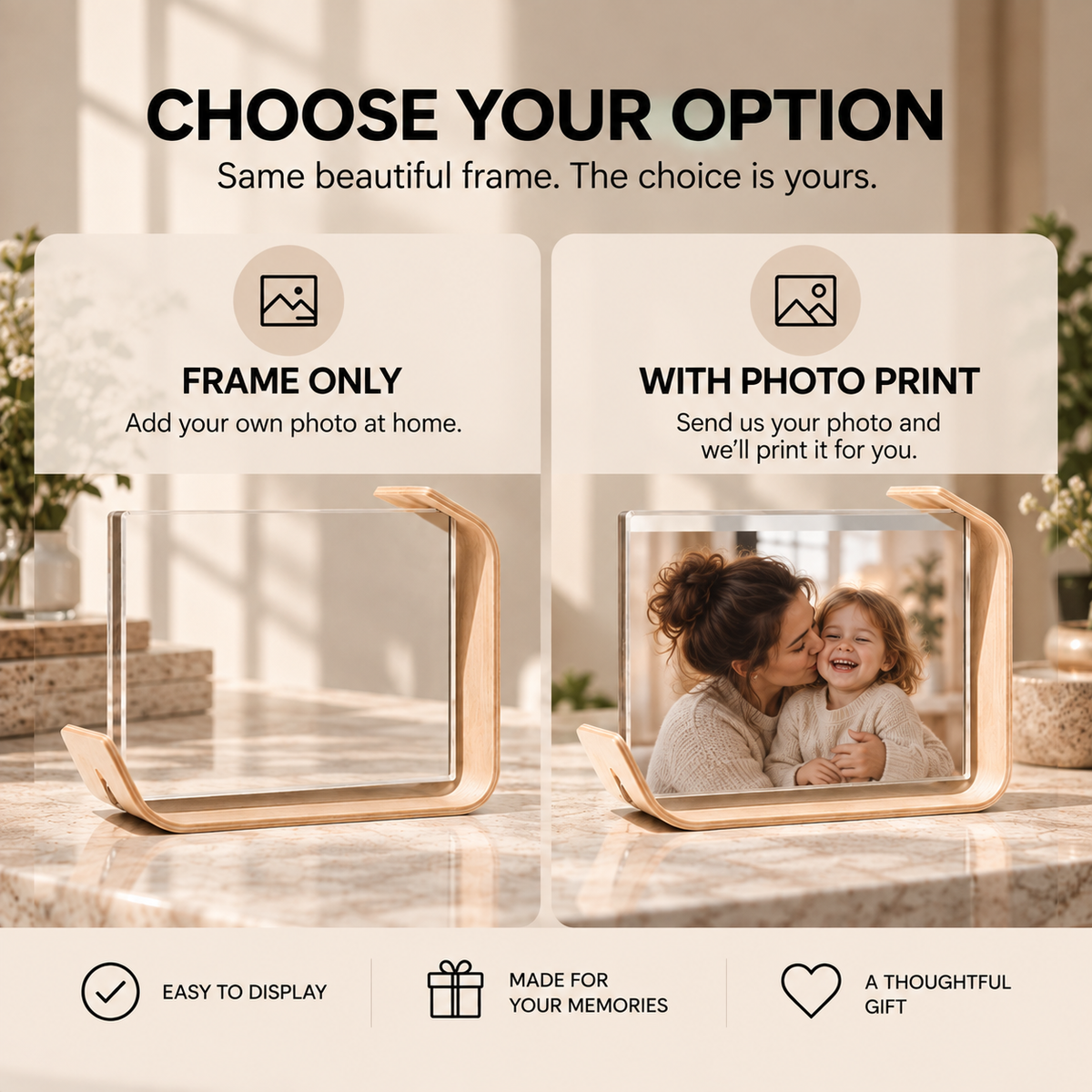 Acrylic & Wood L-Shape Picture Frame – Double-Sided Display