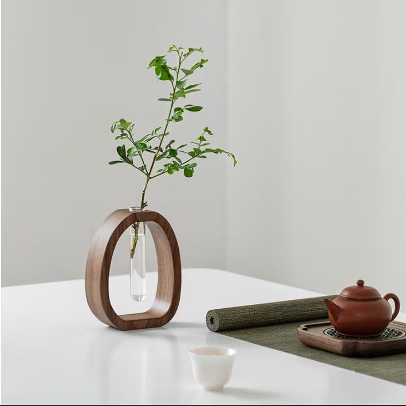 Premium Walnut Wood Tube Vase | Mid-Century Modern Desk Decor | Minimalist Decorative Display