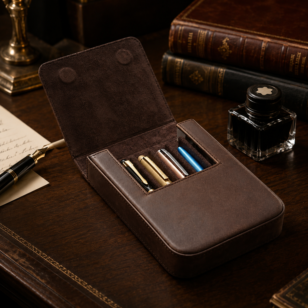 Hard-Shell Crazy Horse Leather Pen Vault | 6-Slot Fountain Pen Case | Luxury Velvet-Lined Organizer | Vintage Tobacco Brown