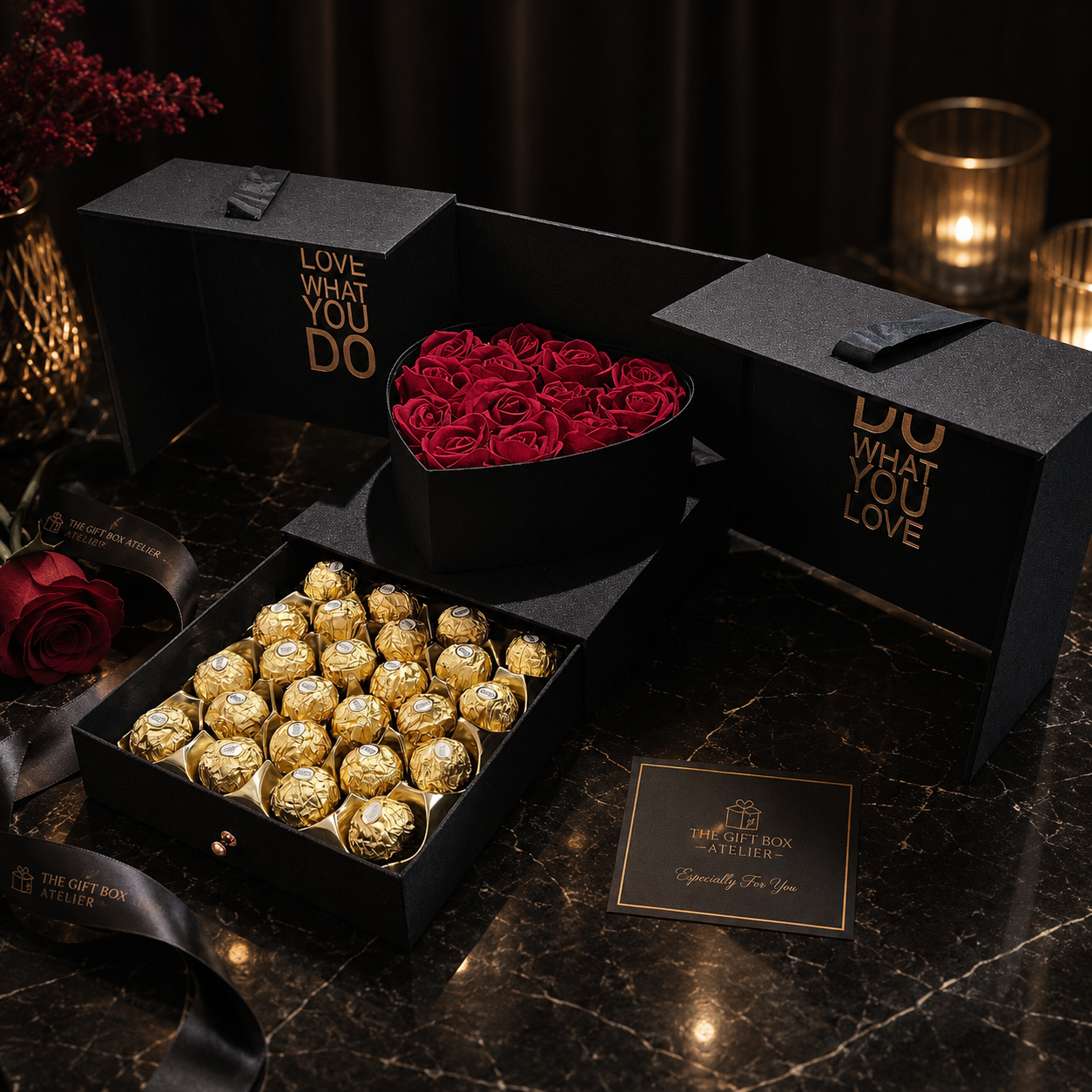 The Amour Box- Heart Flower Box with Drawer – Eternal Faux Roses & Ferrero Rocher