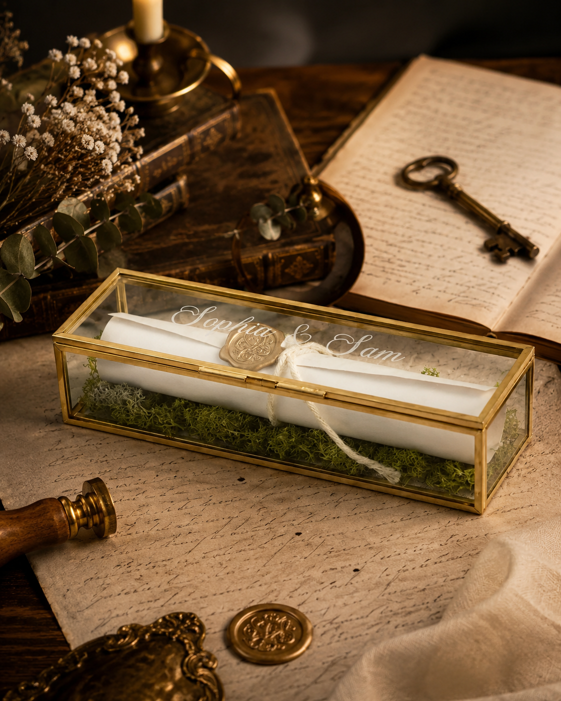 The Scriptum Folio Box –Personalized Glass Love Letter Box | Moss-Filled Gold Keepsake Case | Custom Name Gift for Couples