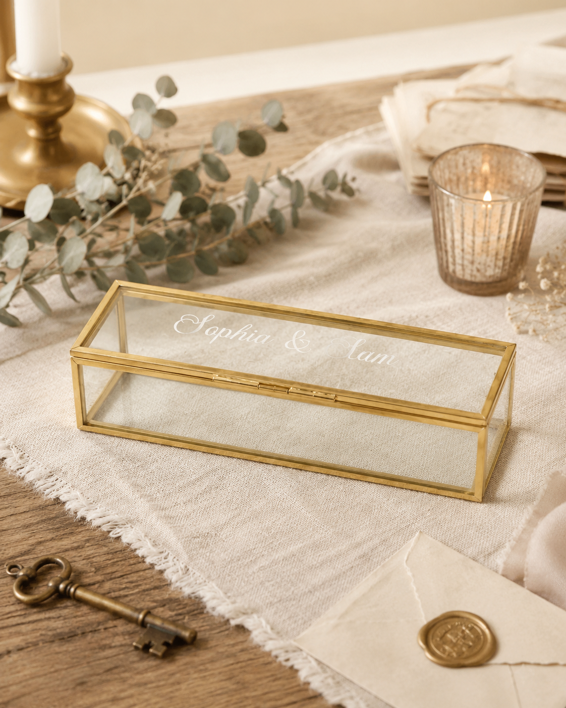 The Scriptum Folio Box –Personalized Glass Love Letter Box | Moss-Filled Gold Keepsake Case | Custom Name Gift for Couples