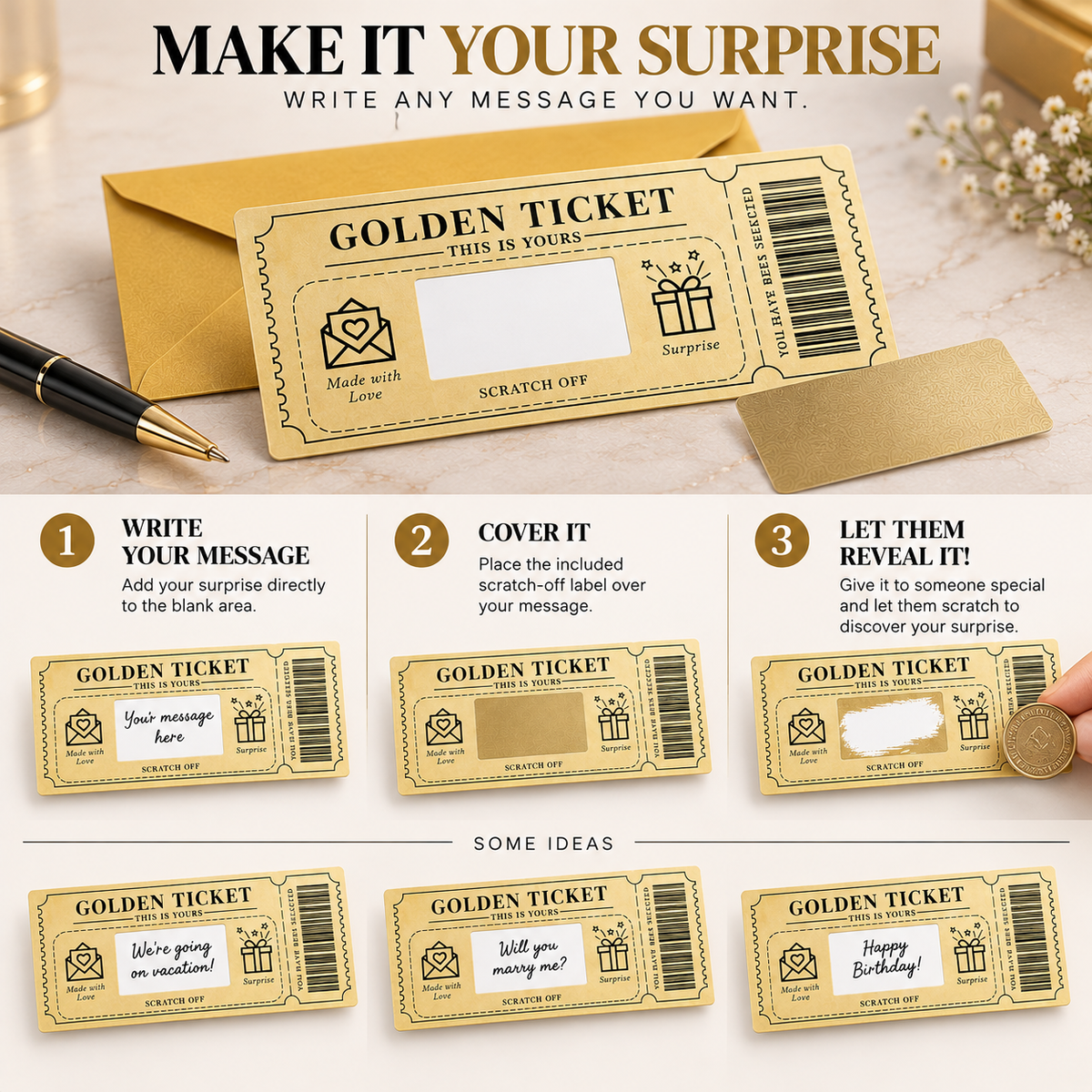 Golden Ticket Scratch-Off Surprise Cards – Secret Message Gift