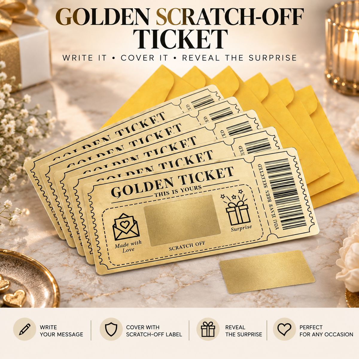 Golden Ticket Scratch-Off Surprise Cards – Secret Message Gift