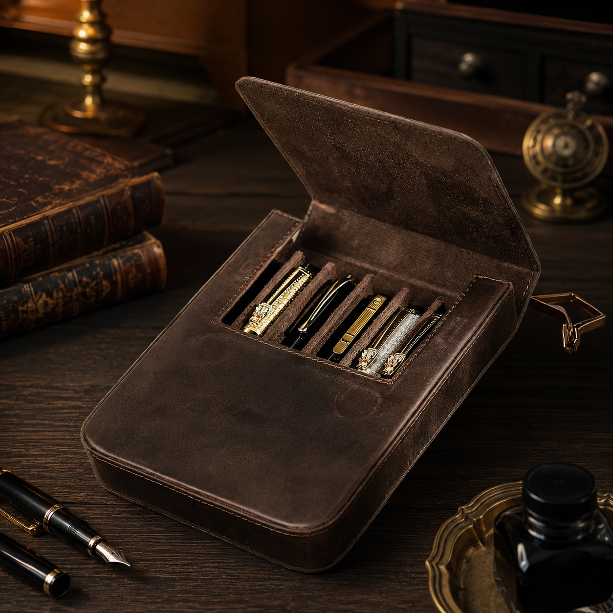 Hard-Shell Crazy Horse Leather Pen Vault | 6-Slot Fountain Pen Case | Luxury Velvet-Lined Organizer | Vintage Tobacco Brown