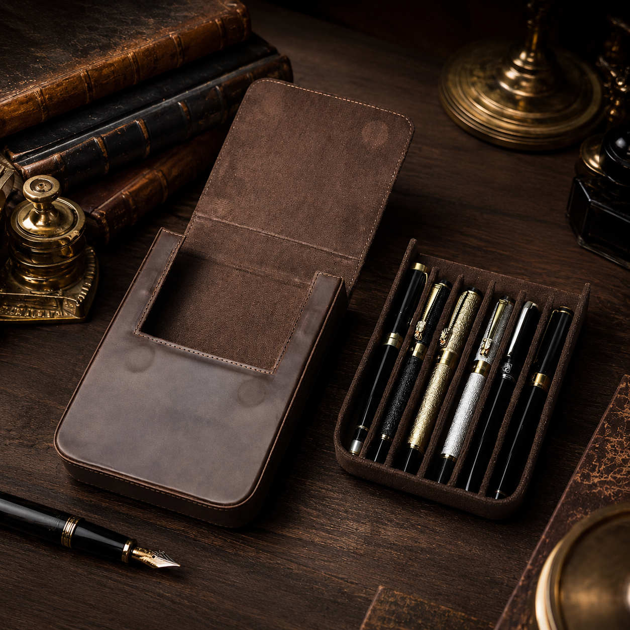 Hard-Shell Crazy Horse Leather Pen Vault | 6-Slot Fountain Pen Case | Luxury Velvet-Lined Organizer | Vintage Tobacco Brown