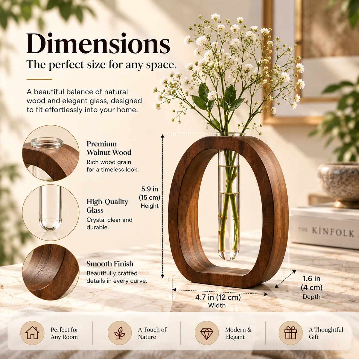 Walnut Wood Tube Vase – Minimalist Desk Decor