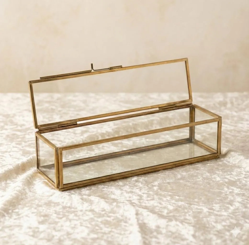 The Scriptum Folio Box –Personalized Glass Love Letter Box | Moss-Filled Gold Keepsake Case | Custom Name Gift for Couples