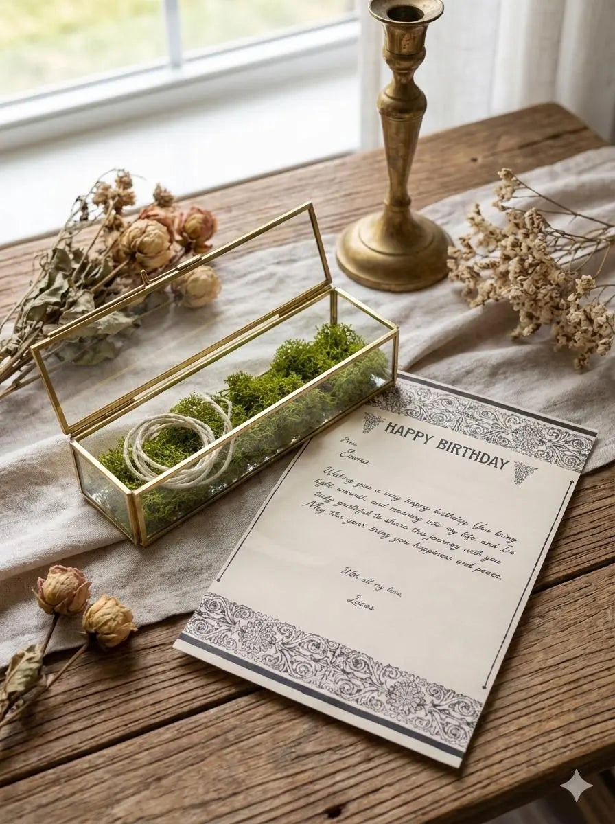 The Scriptum Folio Box –Personalized Glass Love Letter Box | Moss-Filled Gold Keepsake Case | Custom Name Gift for Couples